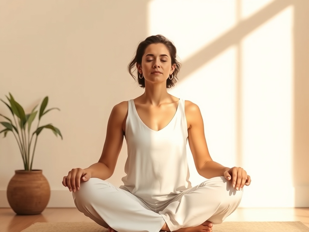 "A calm, empowered woman seated in a sunlit room, soft colors, subtle symbols of reflection, breath, and boundaries; Week 1-3 themes subtly illustrated through abstract shapes."