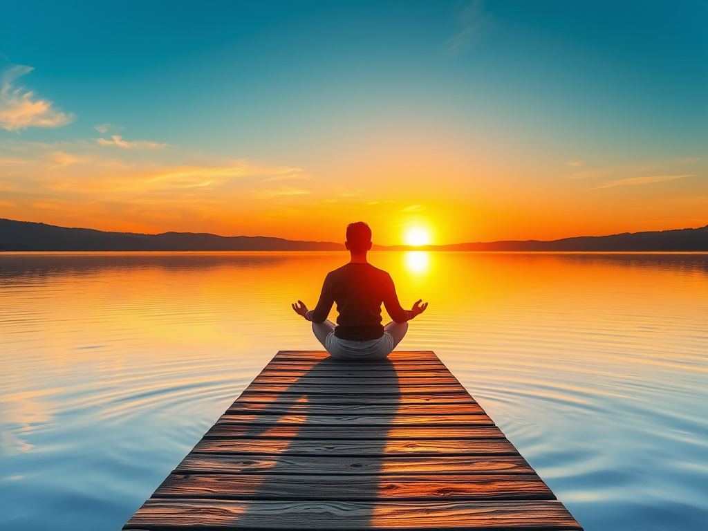 "A serene sunrise over a calm lake" "a person meditating on a wooden dock" "soft glowing light around them" "nature in vibrant spring colors" "gentle ripples on water"