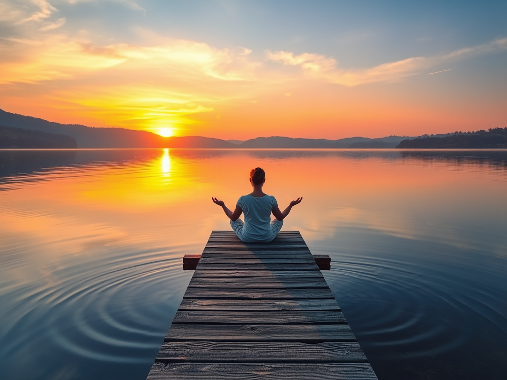 "A serene sunrise over a calm lake" "a person meditating on a wooden dock" "soft glowing light around them" "nature in vibrant spring colors" "gentle ripples on water"