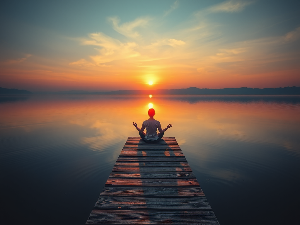 "A serene sunrise over a calm lake" "a person meditating on a wooden dock" "soft glowing light around them" "nature in vibrant spring colors" "gentle ripples on water"
