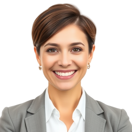 A confident person smiling to the camera with a white background looking like