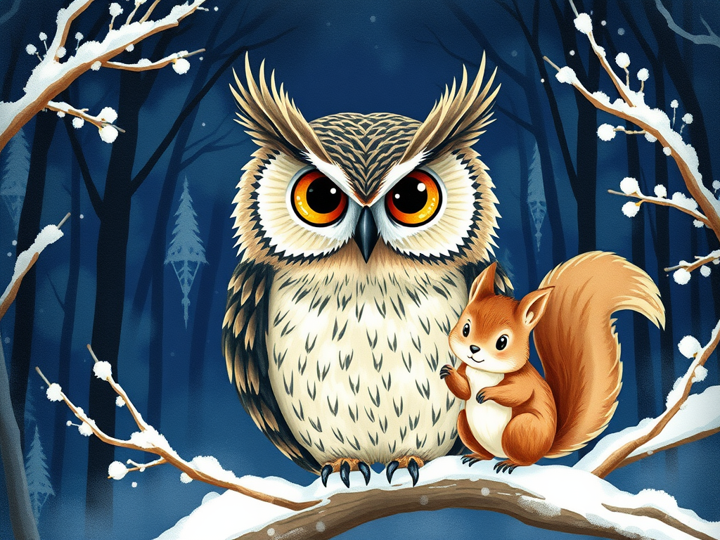 "a wise owl with detailed feathers" "large expressive eyes" "mystical night forest background" "soft watercolor style" "a lively squirrel with fluffy tail" "playful winter scene" "snow-covered branches"