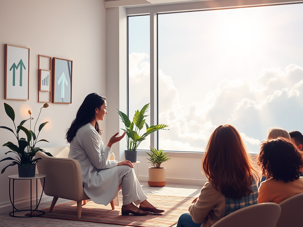 "a serene therapy room" "calm therapist consulting a client" "growth symbols like upward arrows and plants" "digital content icons glowing softly" "diverse group in a vibrant workshop setting" "bright future with sun rays breaking through clouds"
