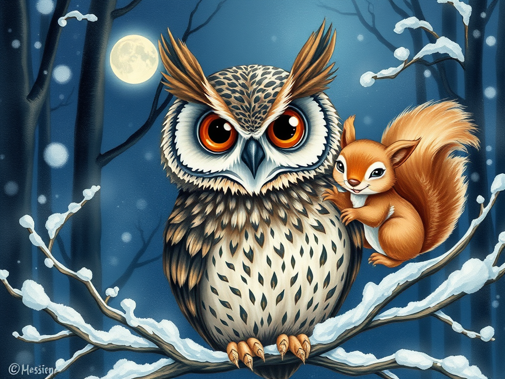 "a wise owl with detailed feathers" "large expressive eyes" "mystical night forest background" "soft watercolor style" "a lively squirrel with fluffy tail" "playful winter scene" "snow-covered branches"