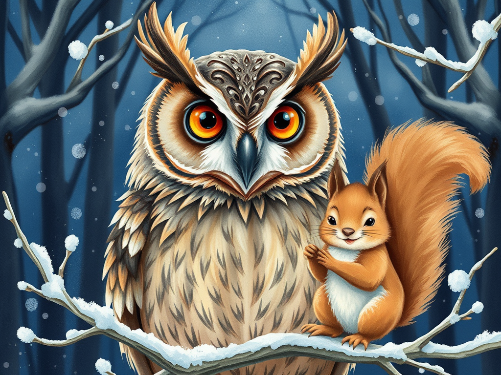 "a wise owl with detailed feathers" "large expressive eyes" "mystical night forest background" "soft watercolor style" "a lively squirrel with fluffy tail" "playful winter scene" "snow-covered branches"