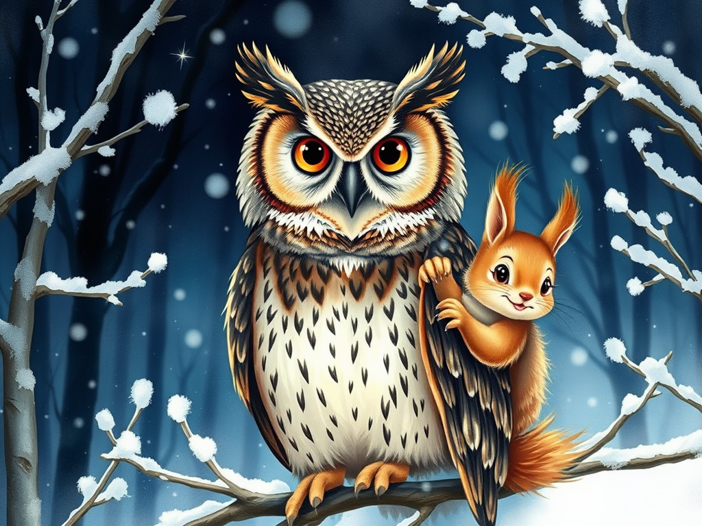 "a wise owl with detailed feathers" "large expressive eyes" "mystical night forest background" "soft watercolor style" "a lively squirrel with fluffy tail" "playful winter scene" "snow-covered branches"