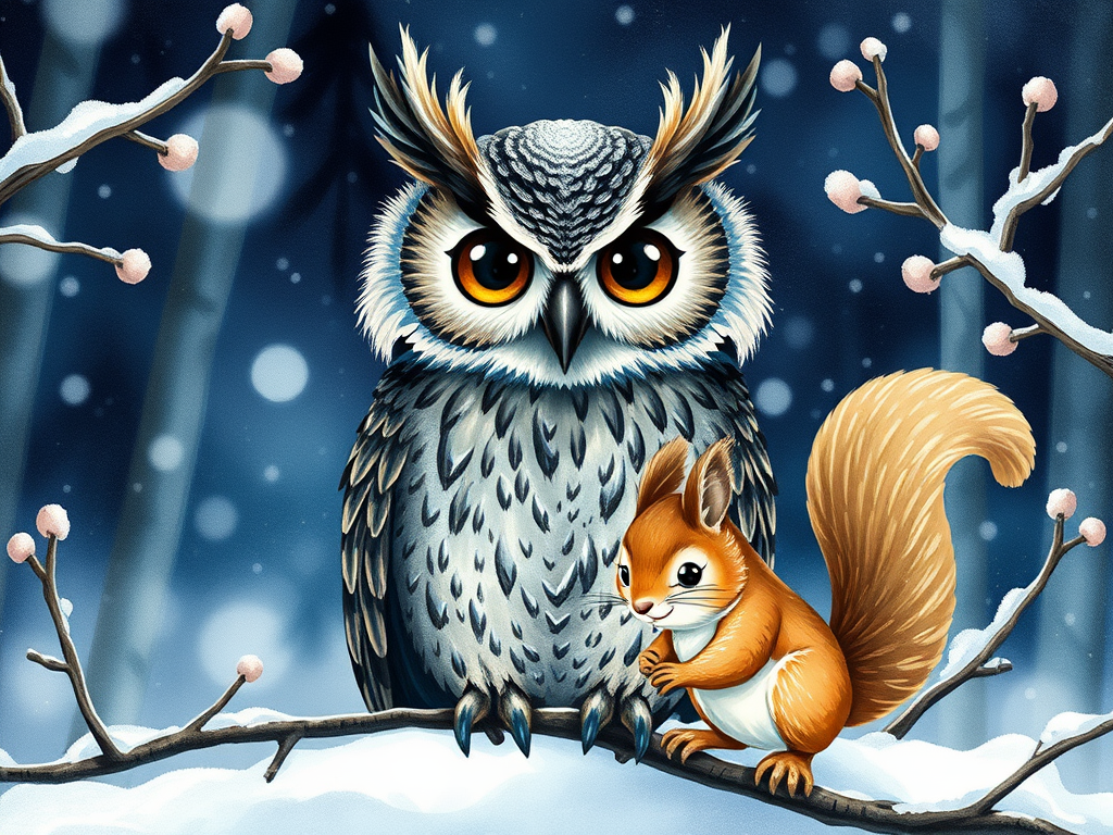 "a wise owl with detailed feathers" "large expressive eyes" "mystical night forest background" "soft watercolor style" "a lively squirrel with fluffy tail" "playful winter scene" "snow-covered branches"