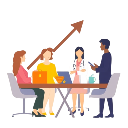 "therapist silhouette" "growth arrow" "toolbox" "community group" "business chart" "healing hands" "modern office"