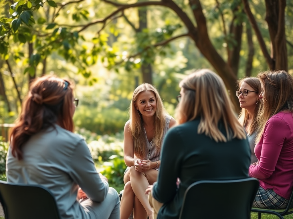 Een serene coachingssessie met een diverse groep vrouwen.