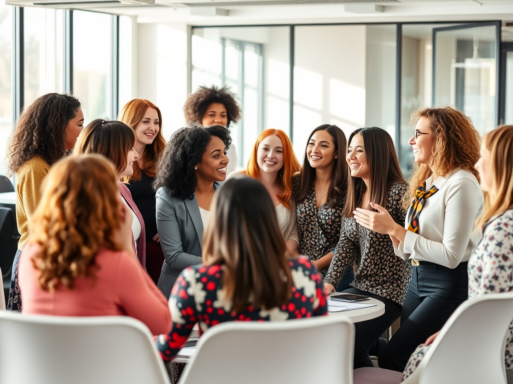 Een diverse groep vrouwen in een heldere vergaderruimte.