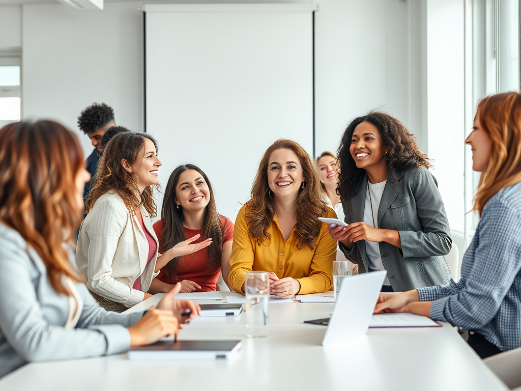 Een diverse groep vrouwen in een heldere vergaderruimte.