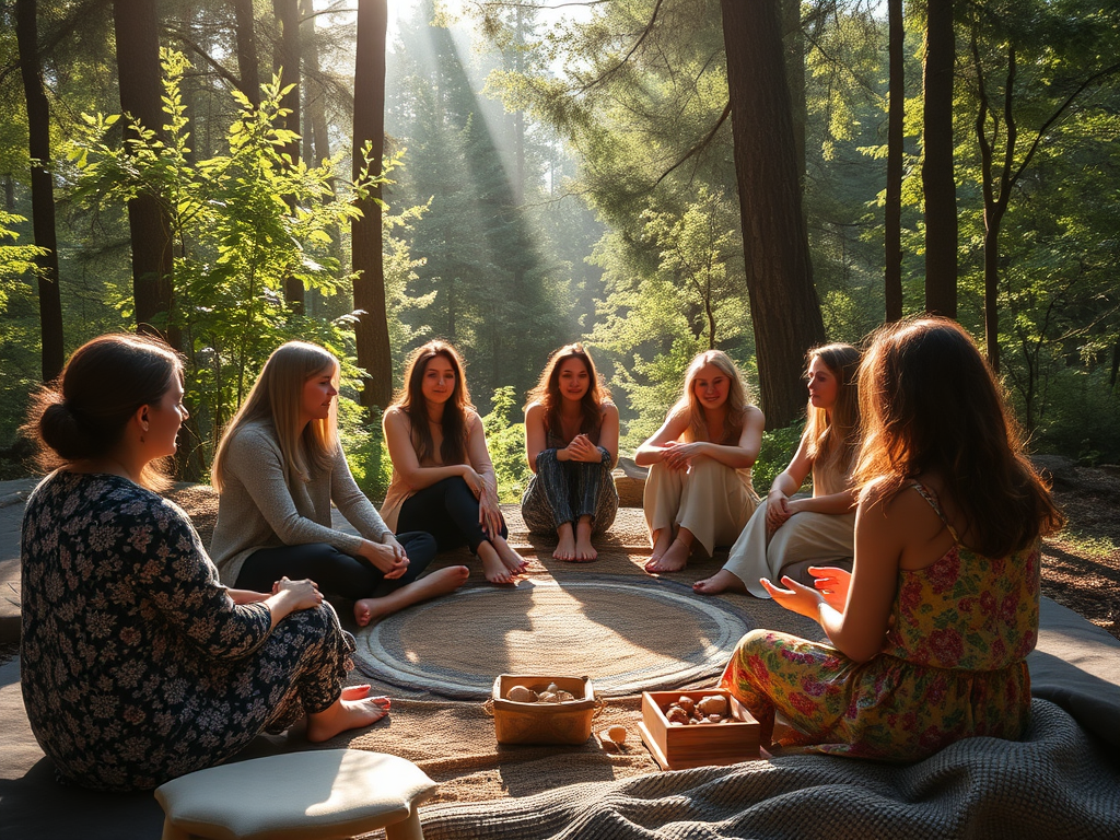 Een serene bijeenkomst van vrouwen in een cirkel, omringd door natuur.