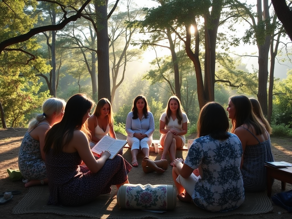 Een serene bijeenkomst van vrouwen in een cirkel, omringd door natuur.