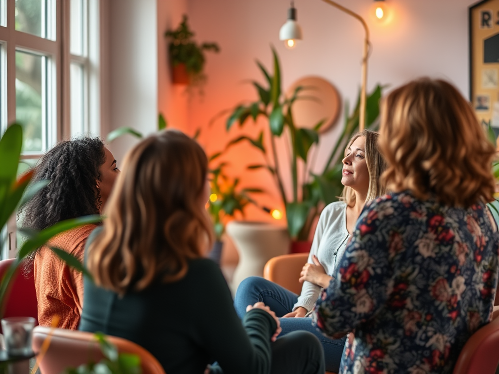 Een serene binnenruimte met vrouwen in gesprek, omringd door planten.