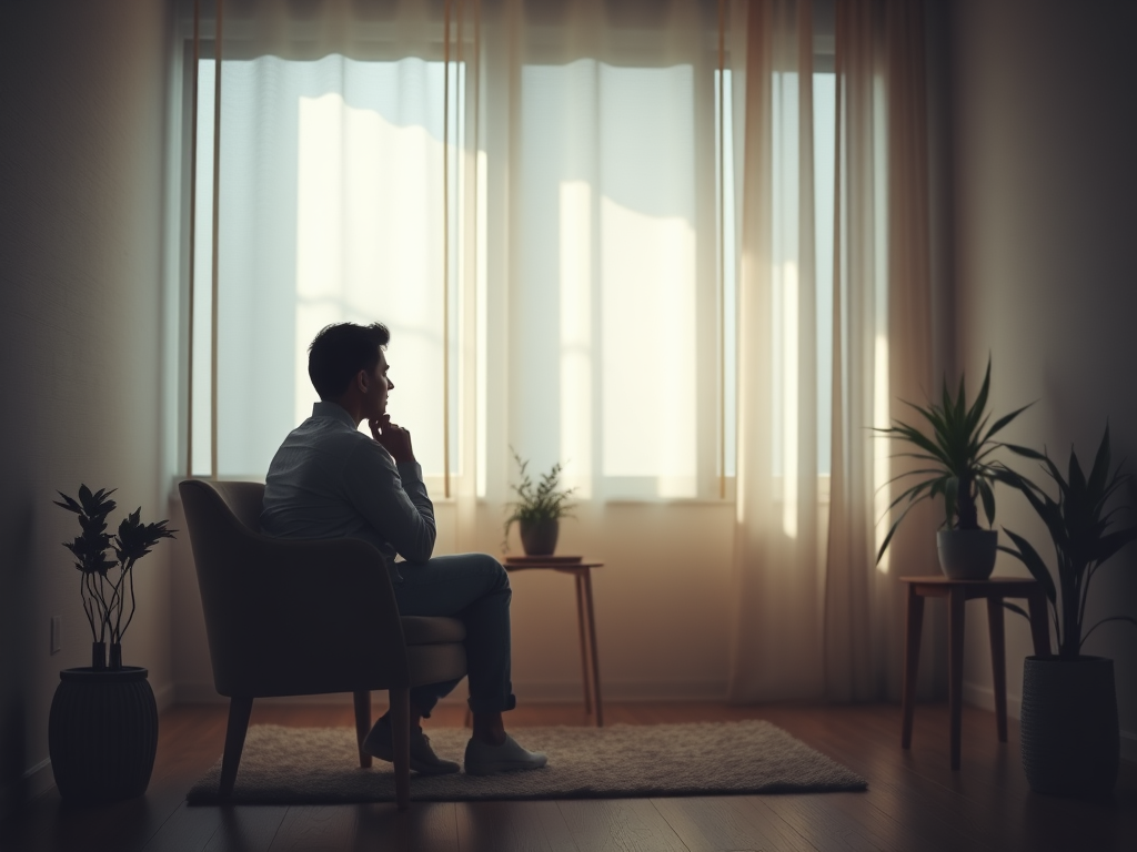 Een rustige coachingsruimte met een nadenkende persoon.