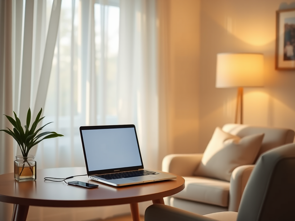 Een gezellige kamer met een laptop en een stoel.