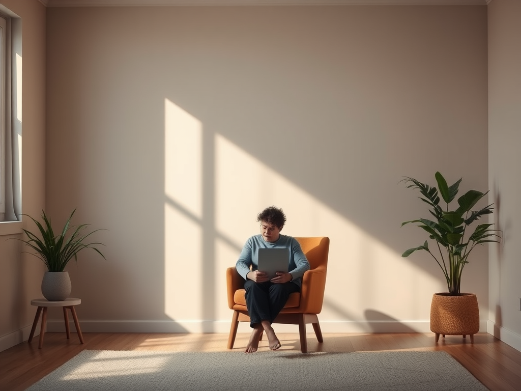 Een rustige coaching ruimte met een reflecterende persoon.