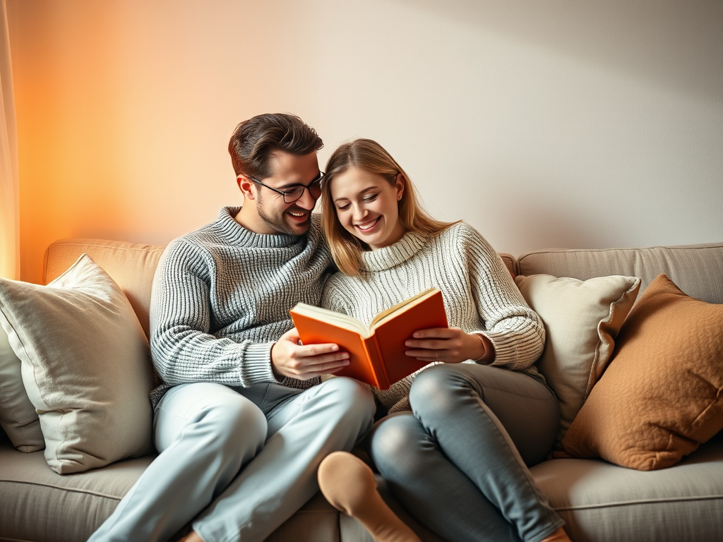 Een knus stel op een bank met een boek.