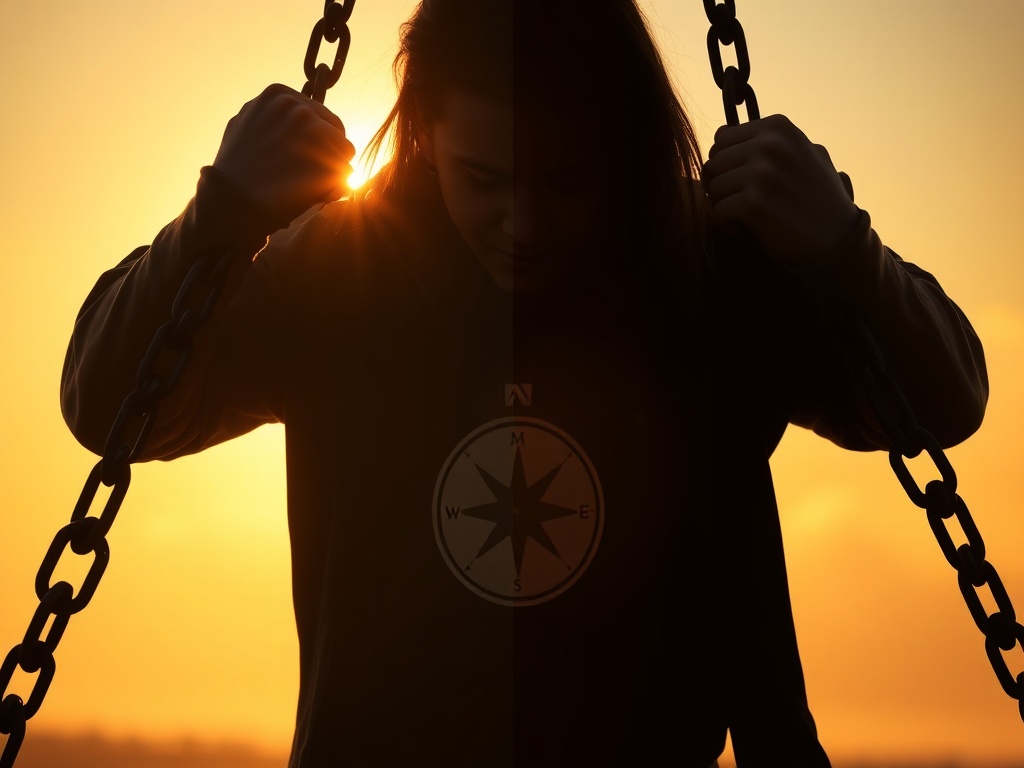A split-scene portrait of a person breaking chains, stepping into warm sunrise light; inner compass imagery, calm energy, strength, hopeful atmosphere, minimal style.