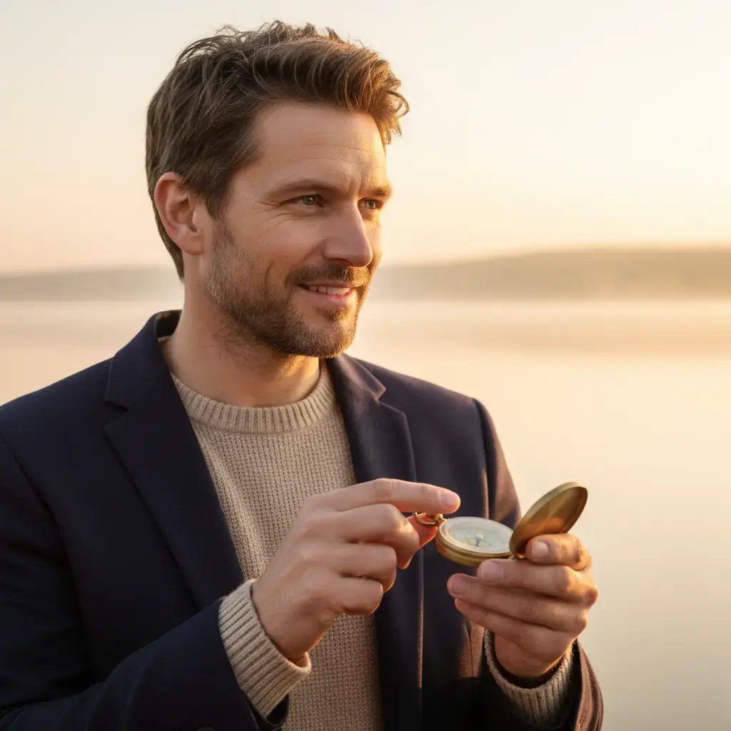 man die een kompas vasthoudt