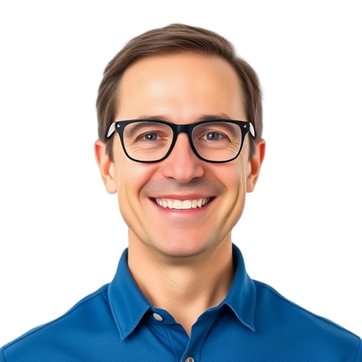 Een glimlachende coach in een blauwe shirt met bril.