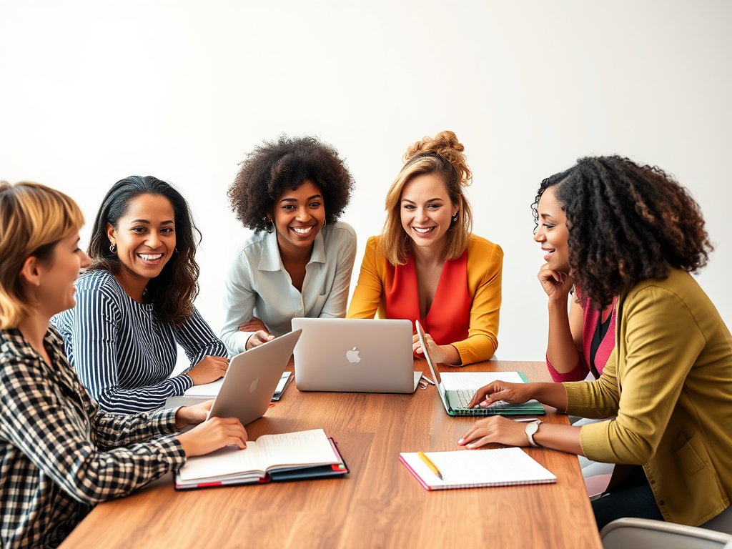 Een diverse groep vrouwen die enthousiast samenwerkt aan een tafel.