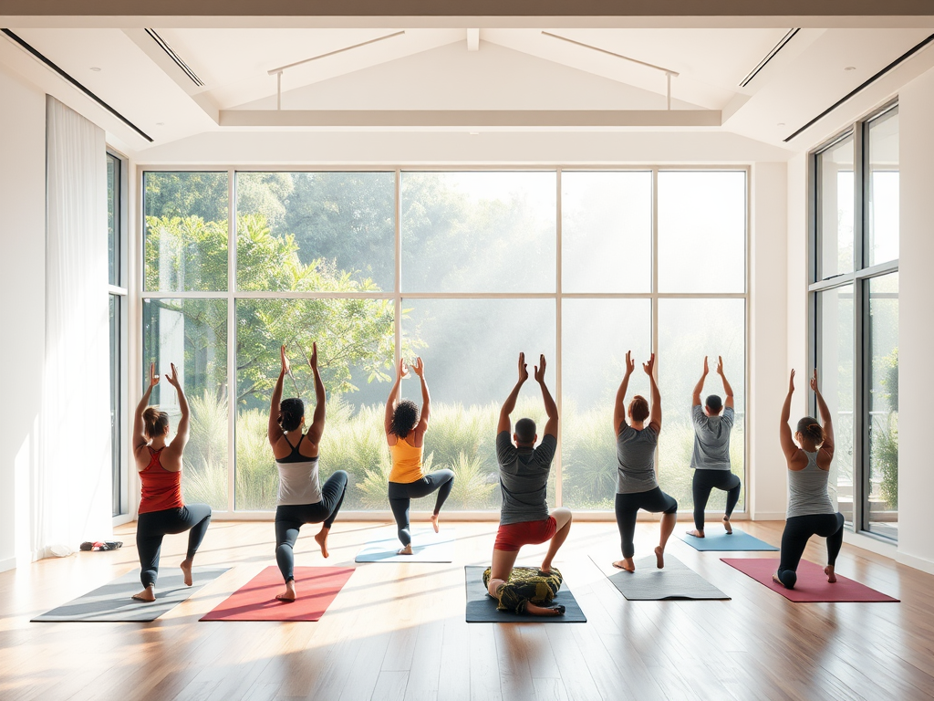 Een serene yogastudio met een diverse groep deelnemers.