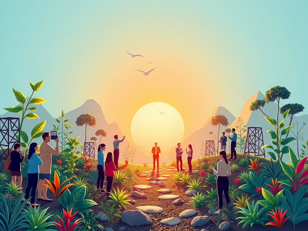 Een levendig bedrijfslandschap met mensen en een zonsondergang.