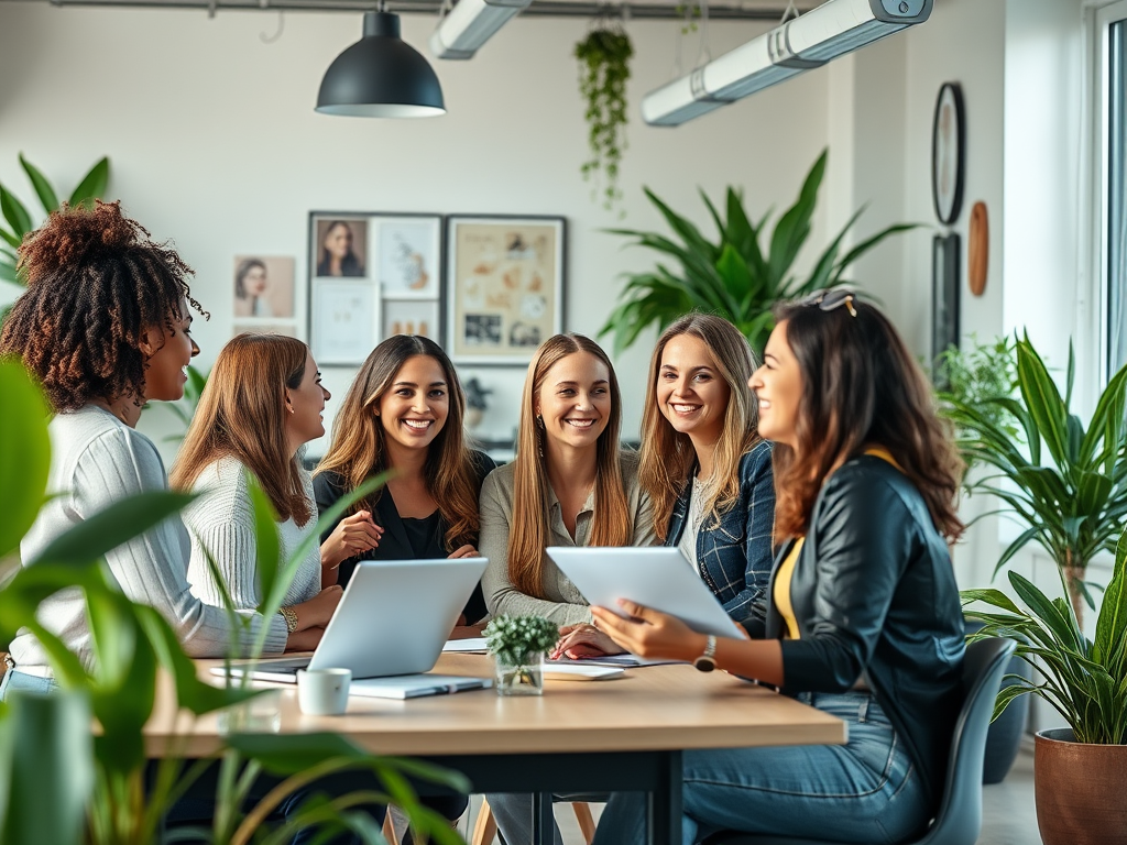 Een diverse groep vrouwen die samenwerkt in een moderne werkomgeving.