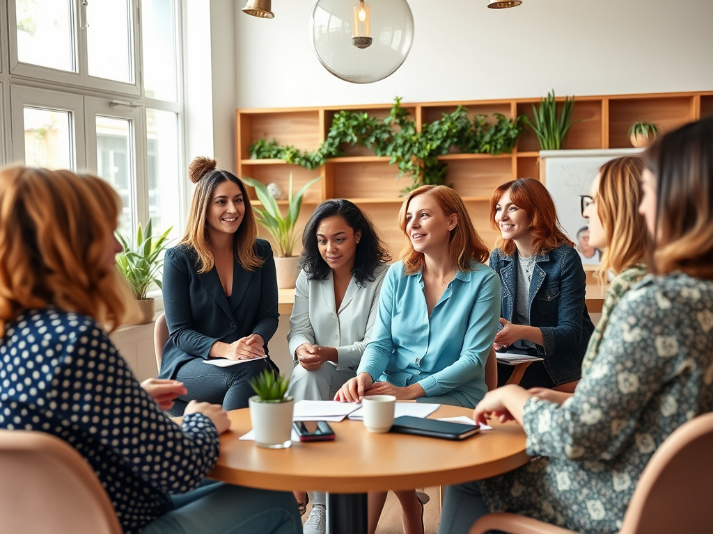 Een groep ambitieuze vrouwen in een lichte workshopruimte.