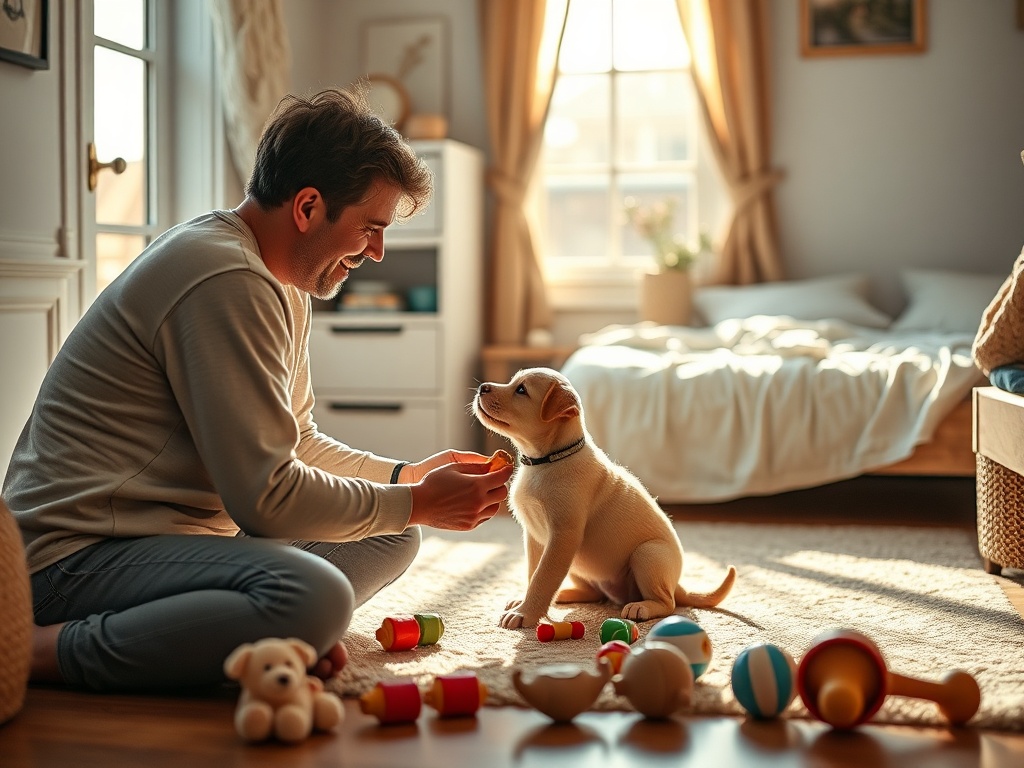 "Cozy home interior" "small puppy learning basic routines" "owner gently guiding with treats" "playful toys scattered" "calm corner with bed" "sunlight through window" "warm, soft tones"