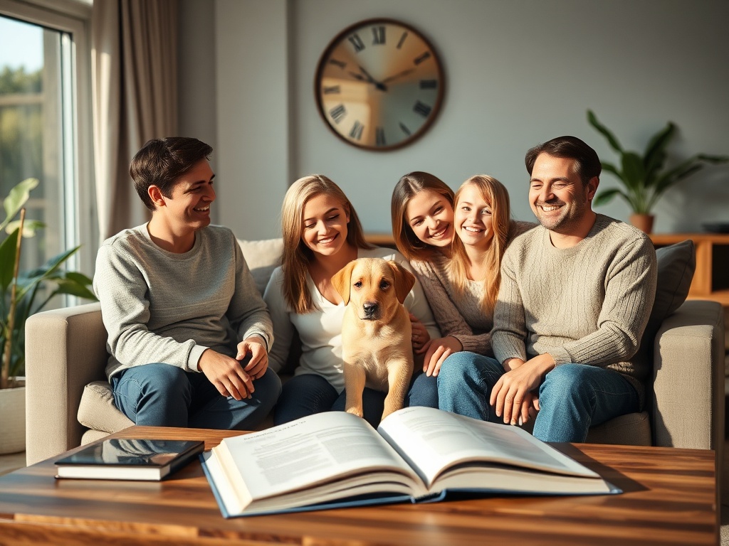 "warm living room" "happy family with puppy" "coach guiding owner" "open booklet on coffee table" "soft morning light" "calm, cozy, welcoming atmosphere"