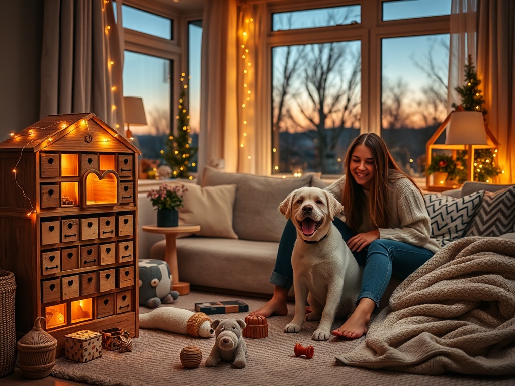 "Cozy living room at dusk" "wooden advent calendar with 24 tiny drawers, some open" "golden fairy lights, warm glow" "happy family with playful puppy, joyful expressions" "scattered dog toys and healthy treats" "soft blankets, modern Scandinavian decor"