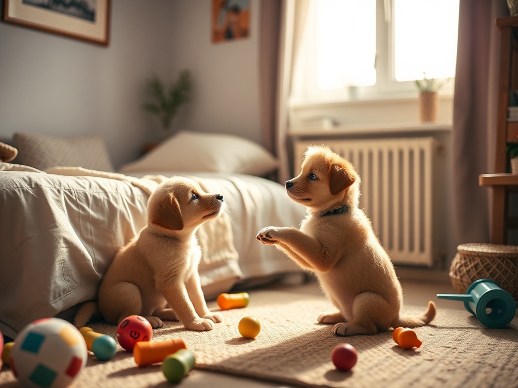 "Cozy home interior" "small puppy learning basic routines" "owner gently guiding with treats" "playful toys scattered" "calm corner with bed" "sunlight through window" "warm, soft tones"