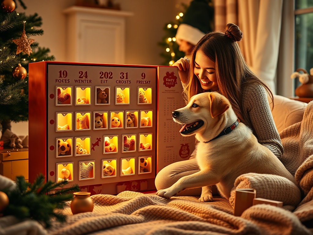 "Cozy home interior" "Advent calendar open with 24 small windows revealing dog treats and toys" "Golden warm lighting" "Happy owner and playful dog interacting" "Festive decorations, pine branches, soft blankets"
