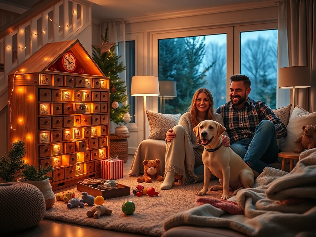 "Cozy living room at dusk" "wooden advent calendar with 24 tiny drawers, some open" "golden fairy lights, warm glow" "happy family with playful puppy, joyful expressions" "scattered dog toys and healthy treats" "soft blankets, modern Scandinavian decor"