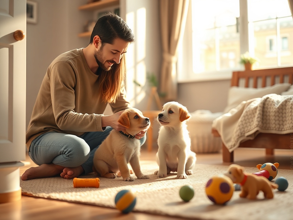 "Cozy home interior" "small puppy learning basic routines" "owner gently guiding with treats" "playful toys scattered" "calm corner with bed" "sunlight through window" "warm, soft tones"