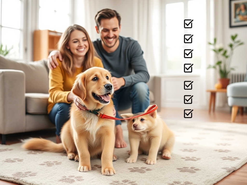 "happy young couple with a playful golden retriever puppy" "bright cozy living room with sunlight" "checklist icons, paw prints subtly patterned on rug" "gentle training moment