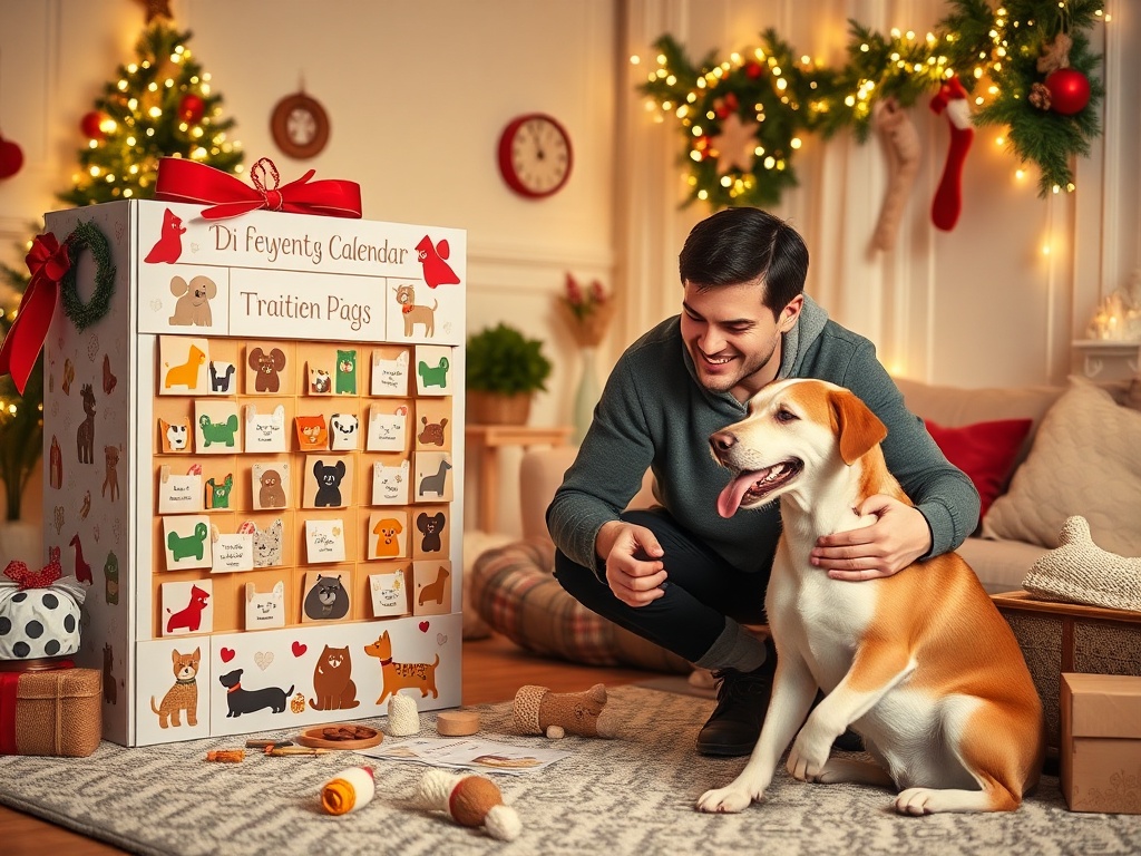 "Festive cozy living room" "Advent calendar with 24 dog-themed compartments" "Happy owner and dog interacting" "Natural treats, toys, training cards" "Warm soft lighting, Christmas decorations"