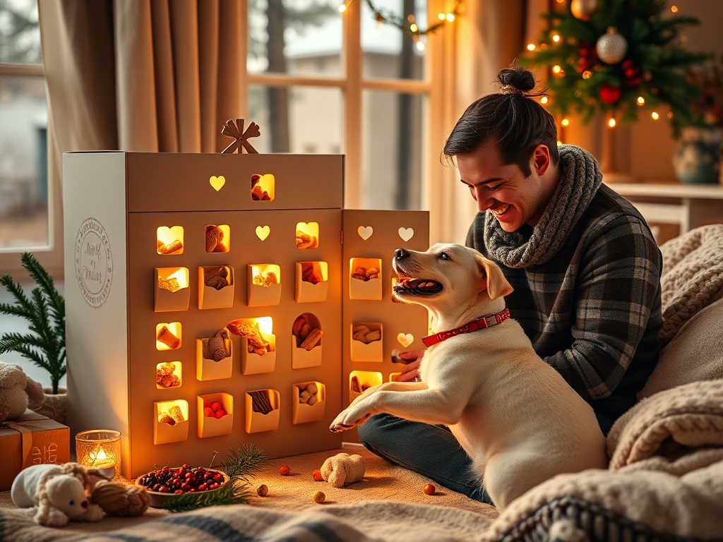"Cozy home interior" "Advent calendar open with 24 small windows revealing dog treats and toys" "Golden warm lighting" "Happy owner and playful dog interacting" "Festive decorations, pine branches, soft blankets"
