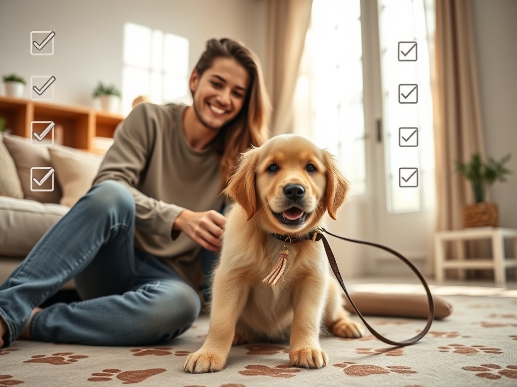 "happy young couple with a playful golden retriever puppy" "bright cozy living room with sunlight" "checklist icons, paw prints subtly patterned on rug" "gentle training moment