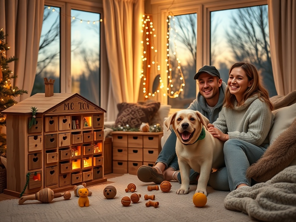 "Cozy living room at dusk" "wooden advent calendar with 24 tiny drawers, some open" "golden fairy lights, warm glow" "happy family with playful puppy, joyful expressions" "scattered dog toys and healthy treats" "soft blankets, modern Scandinavian decor"