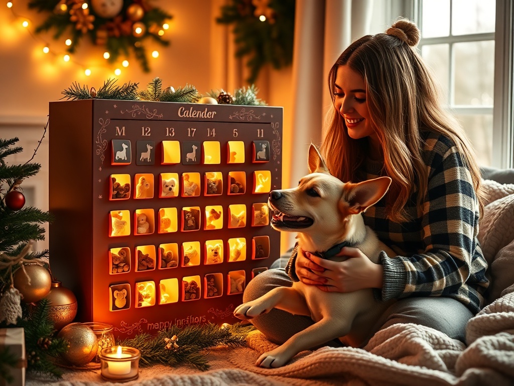 "Cozy home interior" "Advent calendar open with 24 small windows revealing dog treats and toys" "Golden warm lighting" "Happy owner and playful dog interacting" "Festive decorations, pine branches, soft blankets"