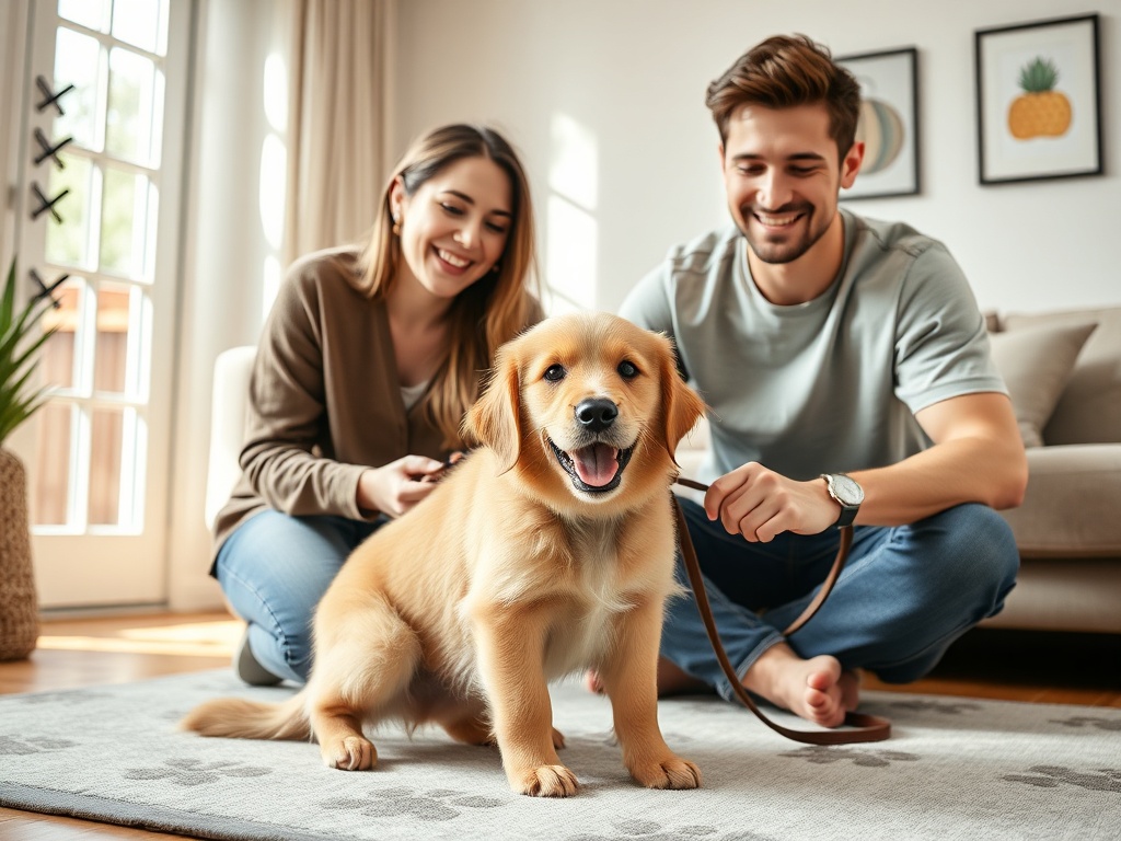 "happy young couple with a playful golden retriever puppy" "bright cozy living room with sunlight" "checklist icons, paw prints subtly patterned on rug" "gentle training moment