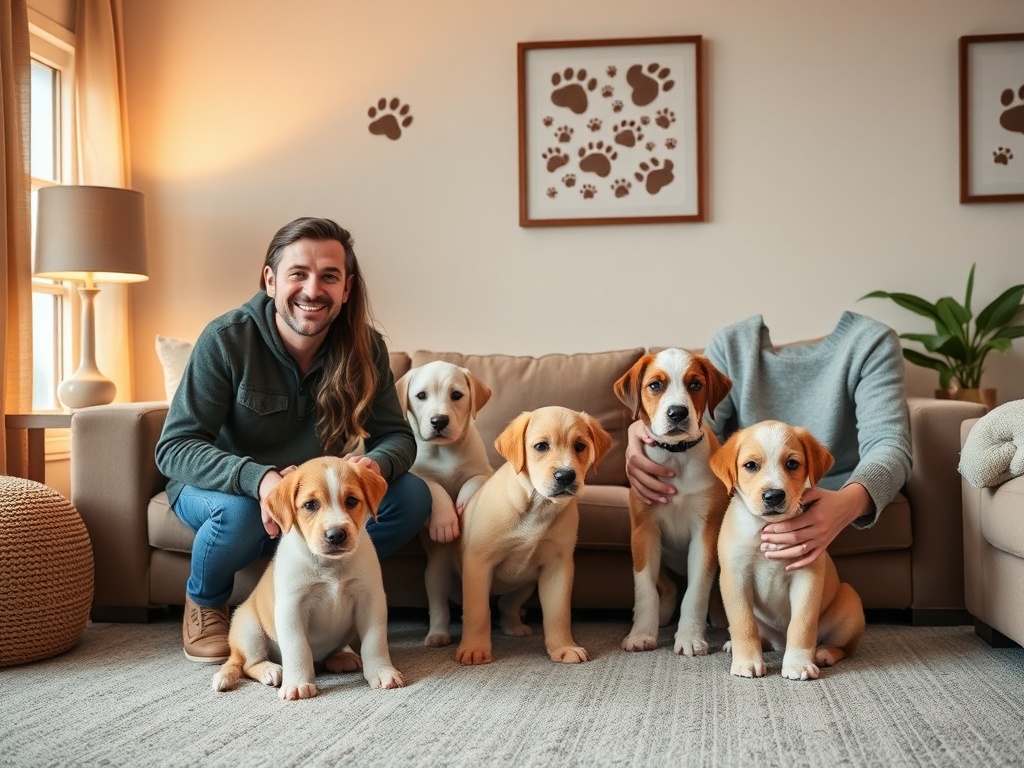 "A warm, welcoming living room scene with a smiling couple and a friendly puppy trainer, guiding two families' puppies; cozy lighting, soft textures, subtle paw-print decor."