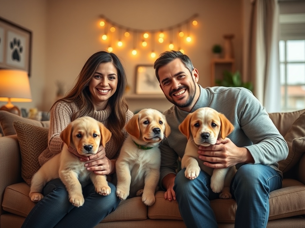 "A warm, welcoming living room scene with a smiling couple and a friendly puppy trainer, guiding two families' puppies; cozy lighting, soft textures, subtle paw-print decor."