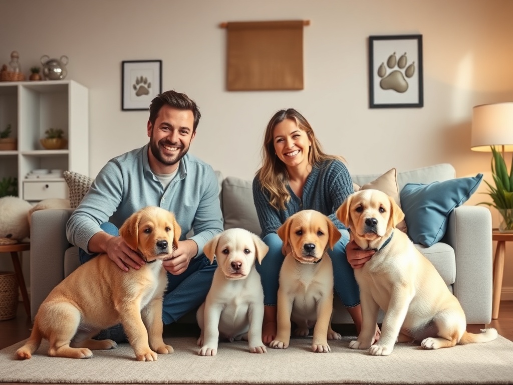 "A warm, welcoming living room scene with a smiling couple and a friendly puppy trainer, guiding two families' puppies; cozy lighting, soft textures, subtle paw-print decor."