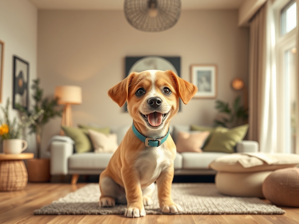 "A warm, friendly puppy coach avatar guiding curious owners; a cozy, modern living room with a cheerful puppy, soft lighting, and intuition-filled atmosphere."
