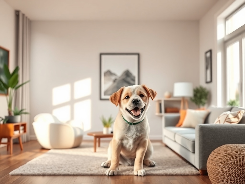 "A warm, friendly puppy coach avatar guiding curious owners; a cozy, modern living room with a cheerful puppy, soft lighting, and intuition-filled atmosphere."