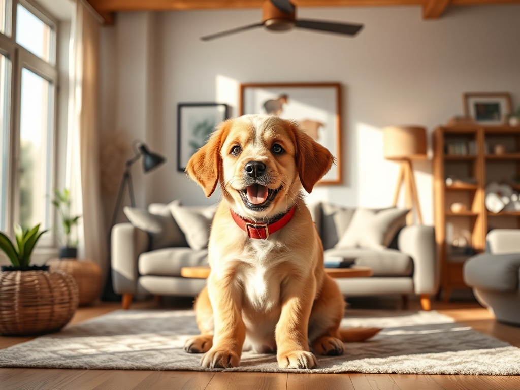 "A warm, friendly puppy coach avatar guiding curious owners; a cozy, modern living room with a cheerful puppy, soft lighting, and intuition-filled atmosphere."